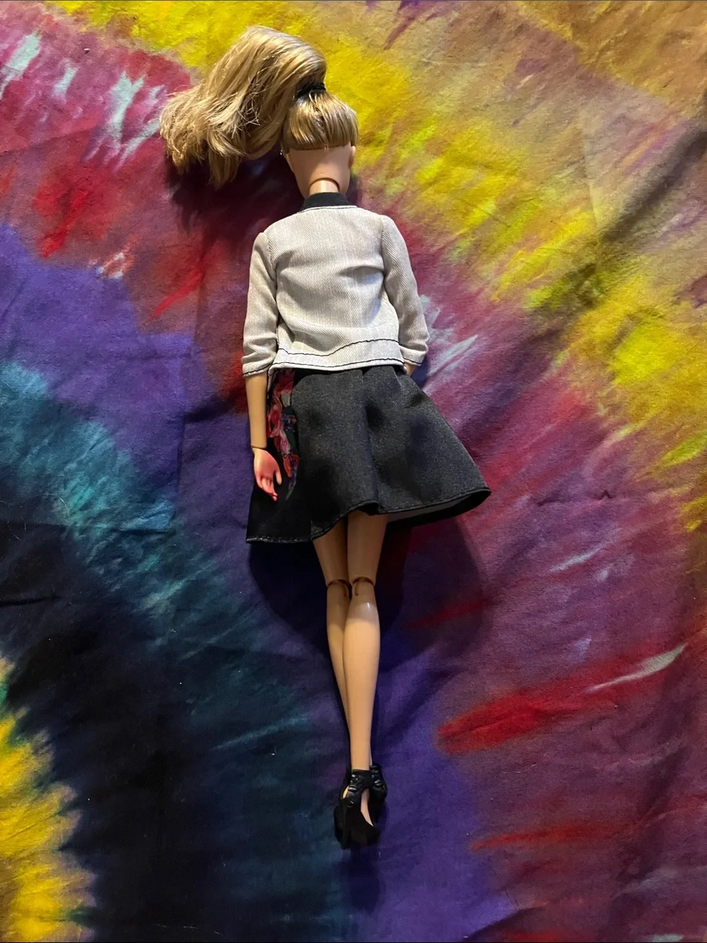 Barbie Doll with Black Floral and Striped Top Dress & Silver Jacket